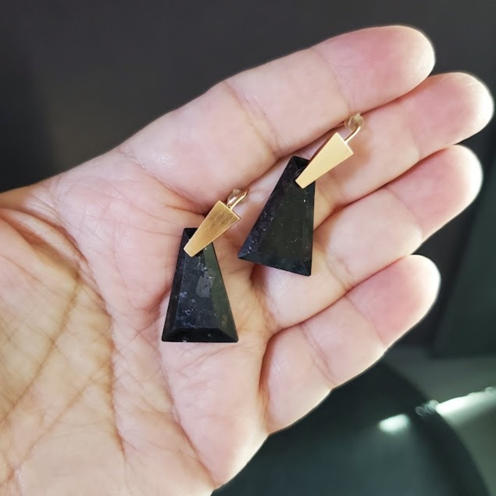Kendra Scott Black Granite Geometric Drop Earrings Brushed Gold Art Deco Gift